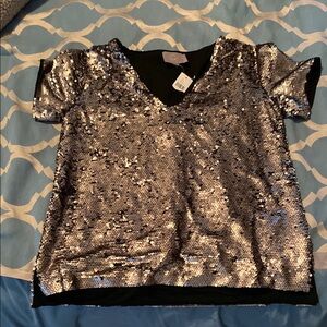 Anthropologie Silver Sequin Boxy T-Shirt